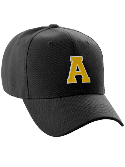 Classic Baseball hat Custom A to Z Initial Team Letter, Black Cap White Gold